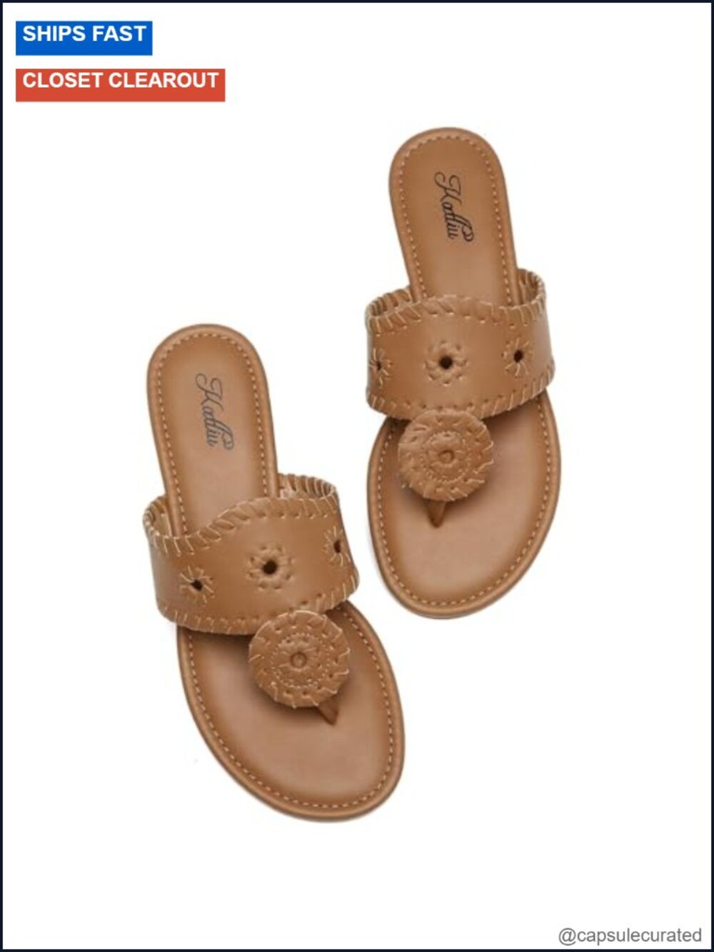 Faux Leather Whipstitch Flat Sandals Cushioned Thong Flip Flops